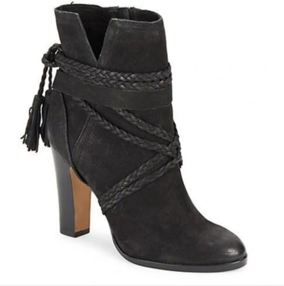 Vince Camuto Shoes - Vince Camuto Cyndia Almond Toe Black Leather Suede Braided Tassel Ankle Boots 8